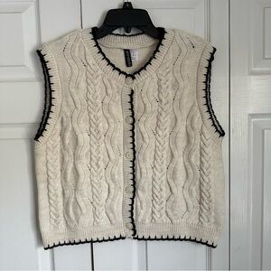 H&M Sweater Vest Womens XL Cream Black Cable Knit Button Front Cardigan Coquette